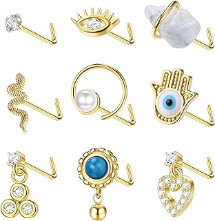 ORAZIO 9Pcs Dangle Nose Rings 20G Nose Ring Stud for Women Stainless Steel L Shaped Nose Rings Heart Snake Evil Eye Nose Studs Dangling Nose Piercing Jewelry
