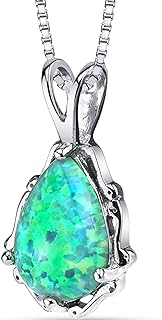 PEORA Sterling Silver Created Powder Green Opal Vintage Teardrop Solitaire Pendant Necklace for Women, 1 Carat Pear Shape 10x7mm with 18 inch Chain