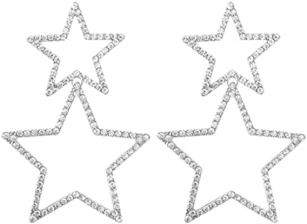 Silver Rhinestone Star Drop Earrings with Sterling Silver Metal Type and Push Back for Women and Girls - Boho Waterfall Design