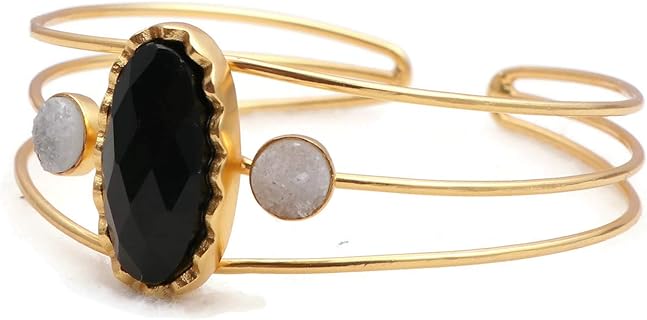 Gold Plated Bangle Bracelets Black Onyx & Sugar Druzy Handmade Fashion Adjustable Bangle Jewelry