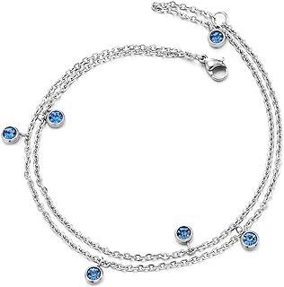 Chic Blue Cubic Zirconia Bead Chain Anklet in Stainless Steel with Lobster Claw Clasp for Men and Women
