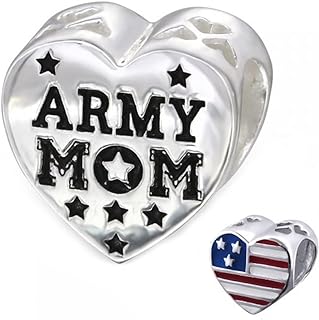 Lobster Clasp Military Charm Bracelet with Army Mom Bead, USA Flag Heart Bead in Sterling Silver for Women, Heart Shaped Design (E10310)