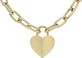 Fossil Women's Harlow Linear Texture Heart Gold-Tone Stainless Steel Pendant Necklace, Color: Gold (Model: JF04656710)