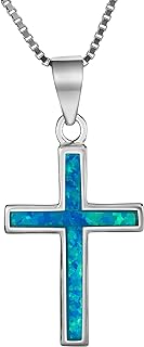 Sterling Silver Opal Traditional Cross Necklace Pendant with 18" Box Chain, Nickel Free Hypoallergenic for Sensitive Skin, Gift Box Included