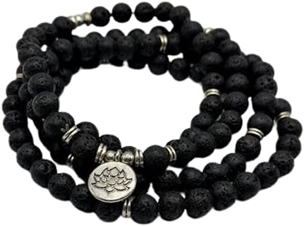Boezeman Lava Rock Lotus 108 Mala Meditation Prayer Beads Mantra Beaded Necklace Stretch Wrap Bracelet Jewelry Collar Pulsera