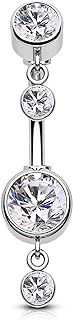 COCHARM 14G Dangle Belly Button Rings Silver Reverse Belly Navel Rings for Women Clear CZ Belly Navel Piercing Jewelry Stainless Steel