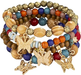 4Pcs Set Bohemian Butterfly Crystal Stone Stretch Pendant Bracelets for Women Girls Gold Beaded Stackable Stretch Bracelet Colorful Charm Jewelry Boho Summer Beach