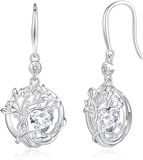 FANCIME Tree of Life Dangle Drop Earrings 925 Sterling Silver Dainty Round Gemstone Birthstone Earring Fine Jewelry Birthday Gifts for Girls Women