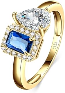 Toi Et Moi Ring 925 Sterling Silver 14k Gold Plated Women Engagement Ring White Gold Plated 6x8mm Double Stone Ring Emerald & Pear Cut Cubic Zirconia Wedding Band Width Band 2mm - Size 5-9