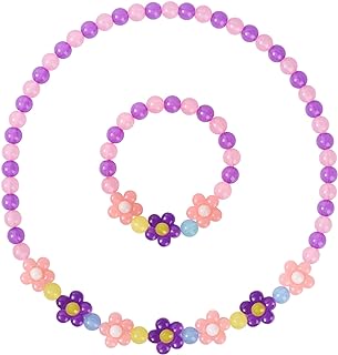 Girls Jewelry Set - Cute Flower Beads Necklace Bracelet-Toddler Girls Flower Jewelry - Stretchy Chunky Costume Jewelry Present Toy-Purple