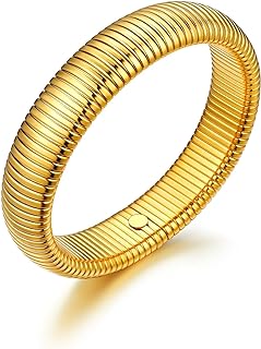 18K Gold Plated U7 Stretch Bangle Bracelets for Women, Snake Chain Stainless Steel Link Bracelets, 10mm/16mm/20mm Sizes