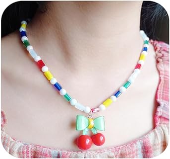 Cherry Necklace Choker for Women Cute Rainbow Beaded Colorful Cherry Pendant Fruity Necklace for Girls Cherry Jewelry Gift