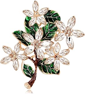 Womens Flower Green Leaf Rhinestone Brooch Pin