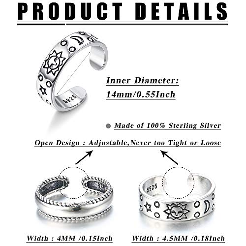 MILACOLATO 2Pcs Sterling Silver Toe Rings for Women 18K White Gold Plated Adjustable Toe Rings Vintage Sun Moon and Star Band Toe Rings Summer Beach Foot Jewelry
