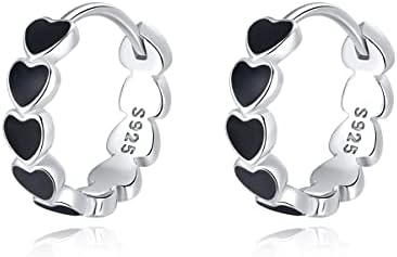 SLUYNZ 925 Sterling Silver Black Heart Hoop Earrings for Women Teen girls Minimalist Black Hoop Earrings 1.5CM Hoop Earrings
