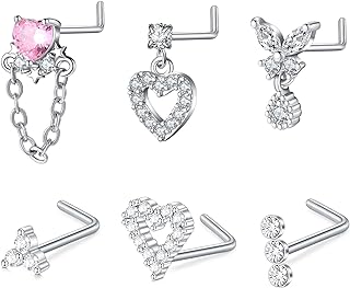 JFORYOU 20G 18G Dangle Nose Rings Studs Stainless Steel Nose Screws CZ L Shaped Nose Studs Heart Nose Rings for Women Nostrial Piercing Jewelry Gold Silver