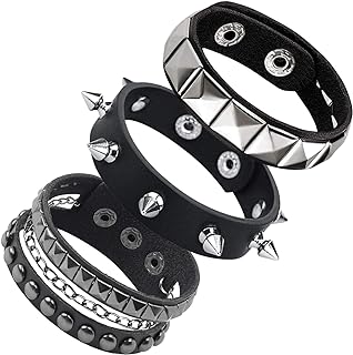 Emo Bead Bracelets with Amber Gems and Buckle Clasp for Unisex - Nickel Spiked Leather Cuff Emo Bracelets Set in Punk Rock Design