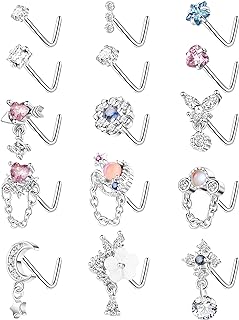 15-Piece Set of 20G 316L Stainless Steel Dangle Nose Rings with L-Shape Studs & Cubic-Zirconia - Assorted Styles for Women & Girls