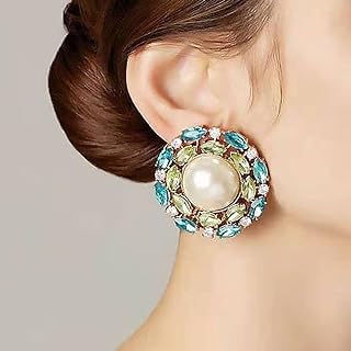 Wiwpar Pearl Rhinestone Circle Earrings Pearl Stud Earrings Vintage Round Shaped Pearl Earrings Colorful for Women Girls