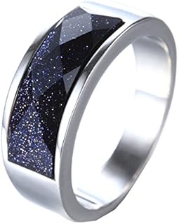 Mens Womens Stainless Steel Blue Sky Gem Sandstone Couple Rings Wedding Band