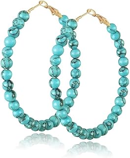 Boho Turquoise Hoop Earrings Beaded Western Turquoise Oval Drop Dangle Earrings for Women Girls Vintage Statement Ethnic Hoop Earrings Jewelry Gift…