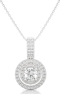 14k White Gold Necklace with Double Diamond Halo Pendant for Women and Silver Cable Chain- Elegant Lobster Claw Clasp - 1/2 to 5/8 Carat White Diamond