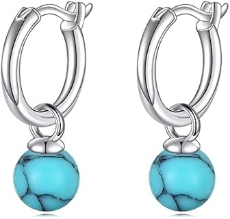 12mm Hoop with 6mm/7mm Freshwater Pearl/Turquoise/Onyx Earrings Sterling Silver Dangle Drop Jewelry Gifts for Women Girls