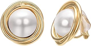 Yoursfs French Clip-on 18K Gold Plated Earrings with Large, Lustrous Pearls, Ball Design - Non-Piercing Design for Women