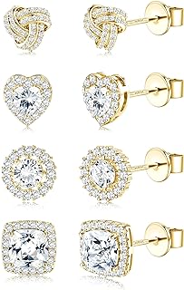 Sterling Silver Push-Back Cubic Zirconia Earrings Studs Set - 14K Gold Plated Celtic Heart Design for Women with Sensitive Ears (ZELORES 4 Pairs)