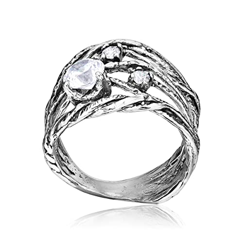 JEAN RACHEL JEWELRY 925 Sterling Silver Ring With a White Round Clear Cubic Zirconia CZ Prong, Hypoallergenic, Nickel and Lead-free, Artisan Handcrafted Designer Collection, Made in Israel