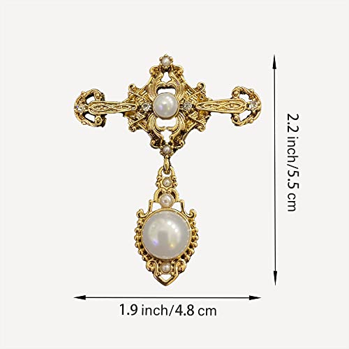 Meralando Gold Vintage Pearl Brooch for Women Girls Retro Accessories Elegant Baroque Pin Dress Coat Sweater Suit Party Wedding Gifts Victorian Brooch Pin Bridal Jewelry Cross Brooch