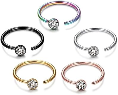 ORAZIO 5-12Pcs 20G Stainless Steel Nose Ring Hoop CZ Body Ear Piercing 5 Mixed Colors
