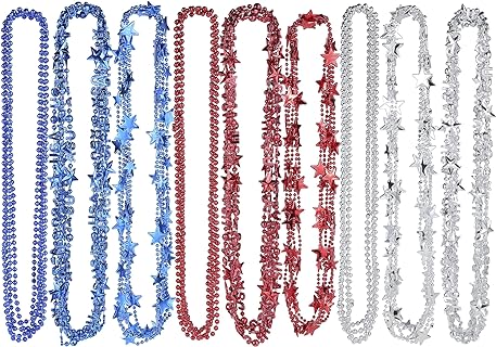 4th of July Necklace Independence Day Necklaces Patriotic Star Necklace Party Necklaces Plastic Beads Necklace Red Bule Silver Patriotic Star Bead Necklaces 4th of July Decorations 15-45 Pieces