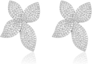 Luxury Flower Cubic Zirconia Crystal Statement Stud Earrings for Women Dainty 925 Sterling Silver Post Diamond Petal Flowers Huggie Studs Fashion Trendy Jewelry Wedding Valentines Day Gift