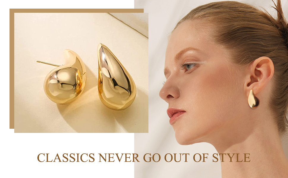 Chunky Gold Hoop Earrings for Women, Lightweight Teardrop Hoops Earrings with 18K Real Gold Plated, Hypoallergenic Earrings Waterdrop Hollow Open Jewelry for Women