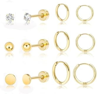 DAILI 6 Pairs Women Earring Sets for Multiple Piercing,14K Gold Plated Dainty Small Hoop Huggie Earrings, Lightweight Cartilage Earrings,Silver Tiny Stud Earrings CZ Flat Back Earrings for Helix Hypoallergenic