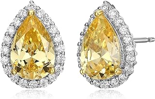Rhodium Plated Silver Yellow Cubic Zirconia Pear Cut 9x6mm and White Cubic Zirconia Halo-Setting Stud Earrings