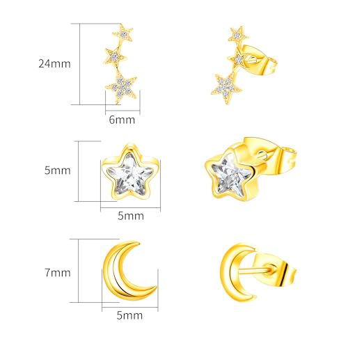 3 Pairs Star Moon Stud Earrings for Women and Men, Hypoallergenic Stud Earrings Set for Girls, Trendy Simple Earrings Jewelry Cubic Zirconia-Silver/Gold