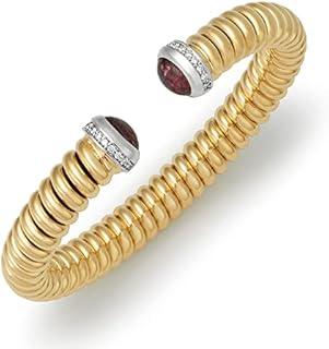 Stunning 0.18 Ct Diamonds and Garnet 18k Yellow Gold High Polish Woven Ribbed Cuff Bangle Bracelet - Artistic Elegance