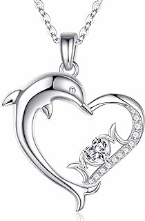 Dolphin Design Sterling Silver Pendant Necklace with White Topaz for Mother, Featured with Spring Ring Clasp and Cable Chain