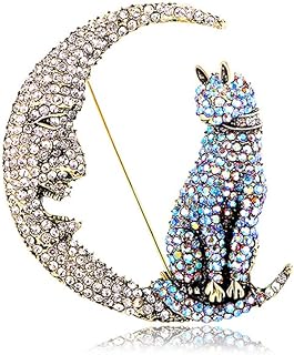Rhinestone Cat on the Moon Brooch Pin for Women Girls Vintage AB Crystal Animal Kitten Crescent Celestial Brooches Lapel Pins Dainty Exaggerated Christmas Easter Jewelry Unisex Gift