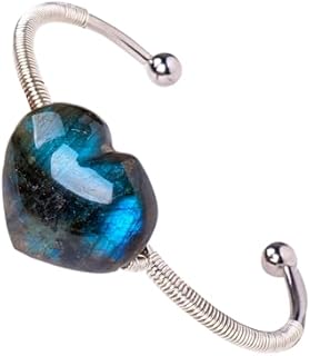 Natural Labradorite Crystal Bracelet Moonstone Cuff Bracelet Healing Ceystal Gemstones Bracelet Jewellery Love Shape Opening Design Handmade for Men Women Gift