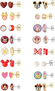 Disney Girls 16-Pair Mickey, Minnie Mouse & Friends Stud Earrings - Steel Post Butterfly-Back Finding with Enamel & Rhinestone Accents