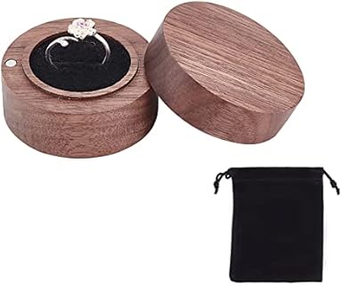 FINGERINSPIRE Magnetic Wood Engagement Ring Box in Walnut with Magnetic Buckle Clasp, Black Velvet Lining for Unisex Adults, Round Design
