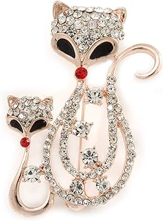 Beautiful Fox Family Crystal Brooch In Rose Gold Metal - 50mm L