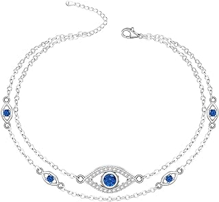 Sterling Silver Evil Eye Anklet with Box and Link Chain, Lobster Claw Clasp, and Cubic Zirconia – Lotus Flower Design