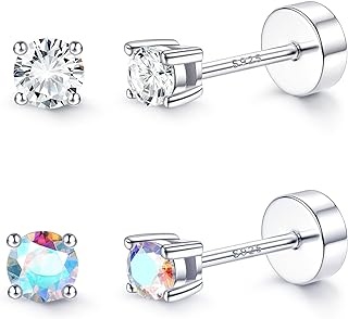Genuine 925 Sterling Silver Push Back Flat Back Stud Earrings with Gold Plated Cubic Zirconia for Women – Versatile Design for Multiple Piercings