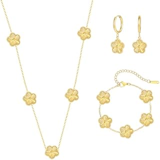 Four Leaf Clover Jewelry Set with Lobster Clasp: Necklace, Bracelet, & Drop Earrings for Women in Floral Design - No Gemstone, Gold-plated Titanium and Stainless Steel