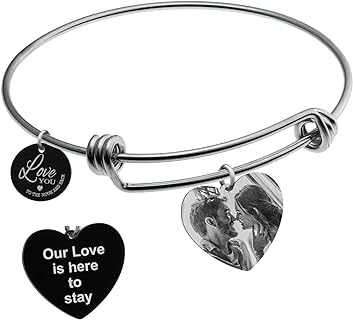 Custom Photo Laser Engraved Text Personalized Message Heart Dangle Charm Pendant Disk Tag Adjustable Wire Bangle Bracelet Women Bride Bridal Shower Gift