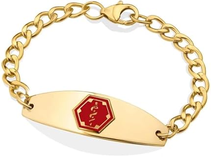 American Medical ID – 10Kt Gold-Filled Premier Red Bracelet – Standard Curb Chain | Adjustable Red Alert Bracelet with Personalized Engraving Included